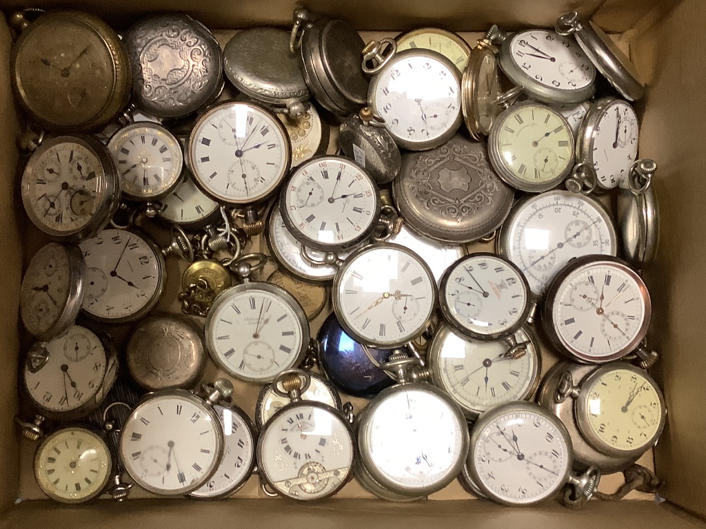 A collection of assorted mainly base metal but includes white metal pocket watches, stopwatches etc. including Longines, Hebdomas and Zenith.